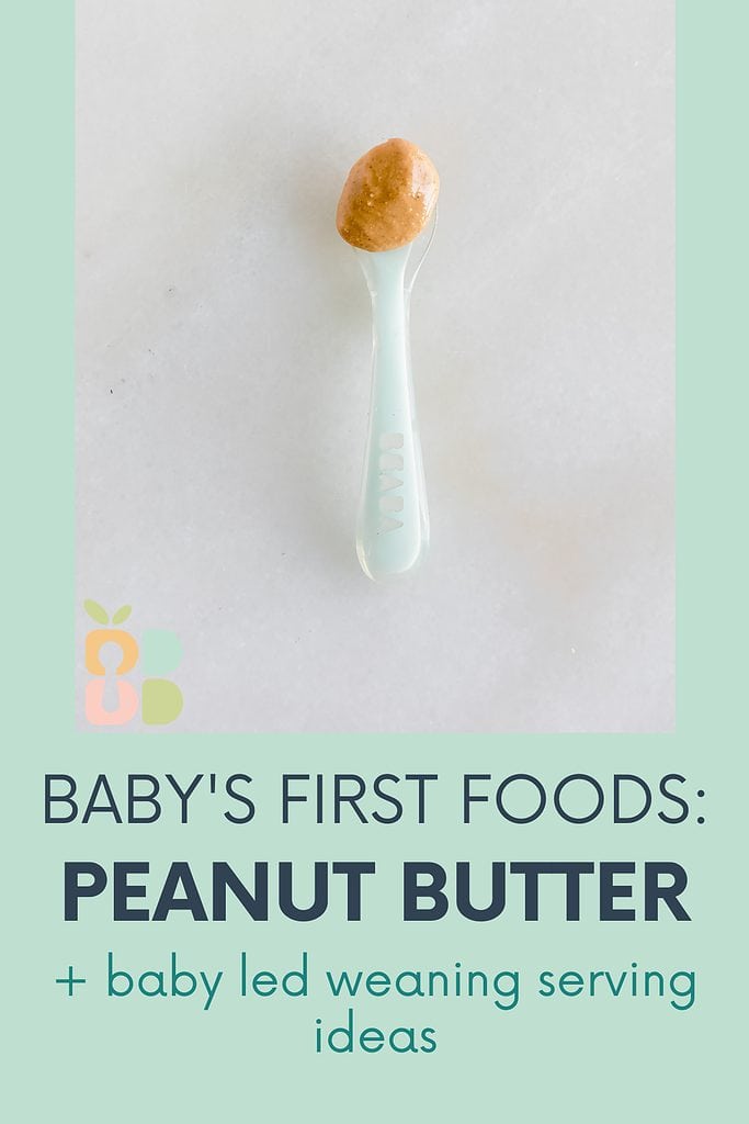 baby spoon of peanut butter with text overlay.