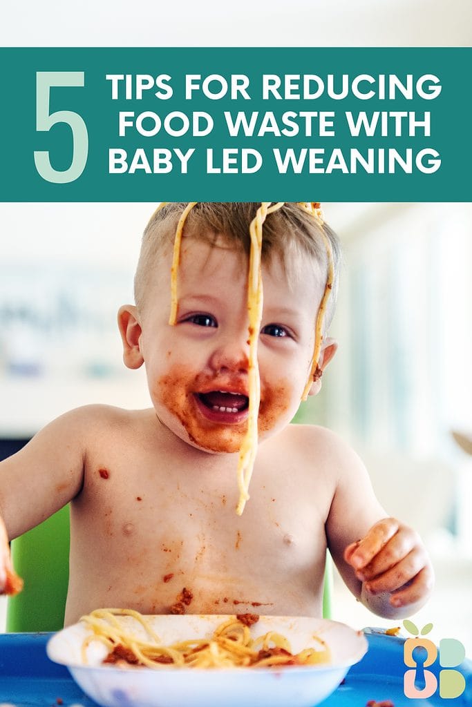 baby with spaghetti on his head in a high chair with text overlay.