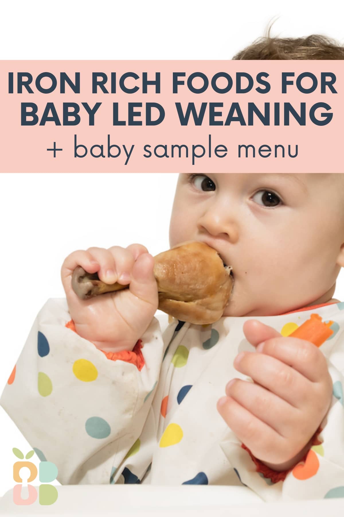 baby in a smock eating a chicken leg with text overlay.