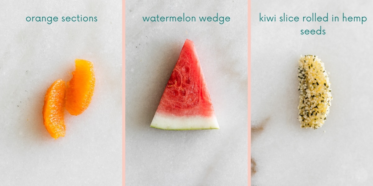 collage of three vitamin c foods prepared for baby led weaning.