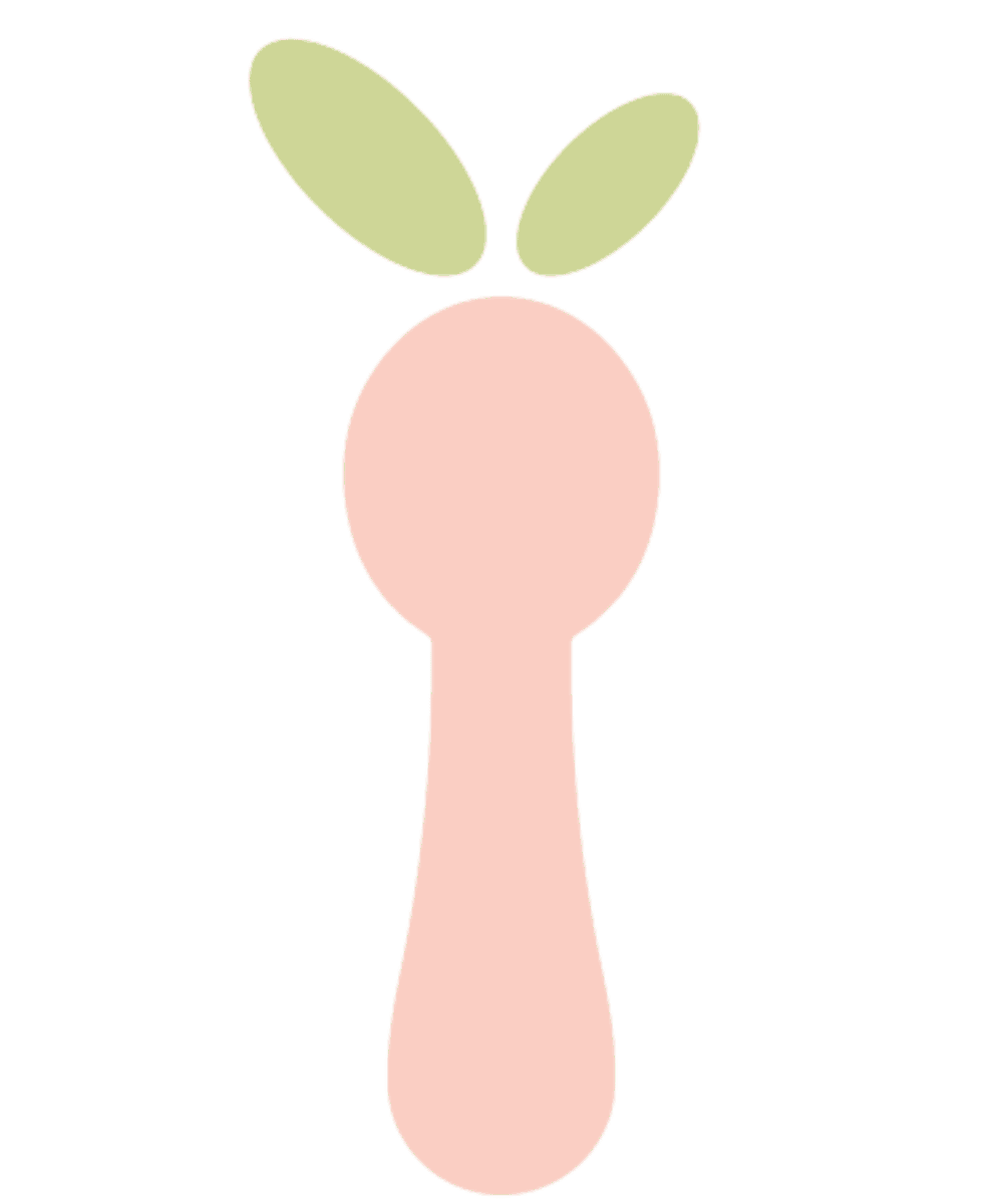 pink spoon with green leaves sprouting from top.