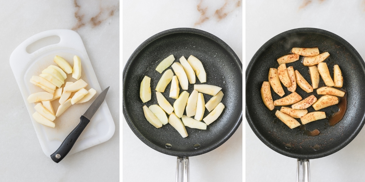 three image collage showing steps for making cinnamon sautéd apples.