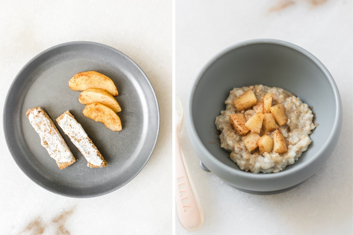 two image collage of cinnamon sauted apple slices and pancake strips on a grey plate, and a baby bowl of oatmeal with diced cinnamon sauted apple cubes on top.