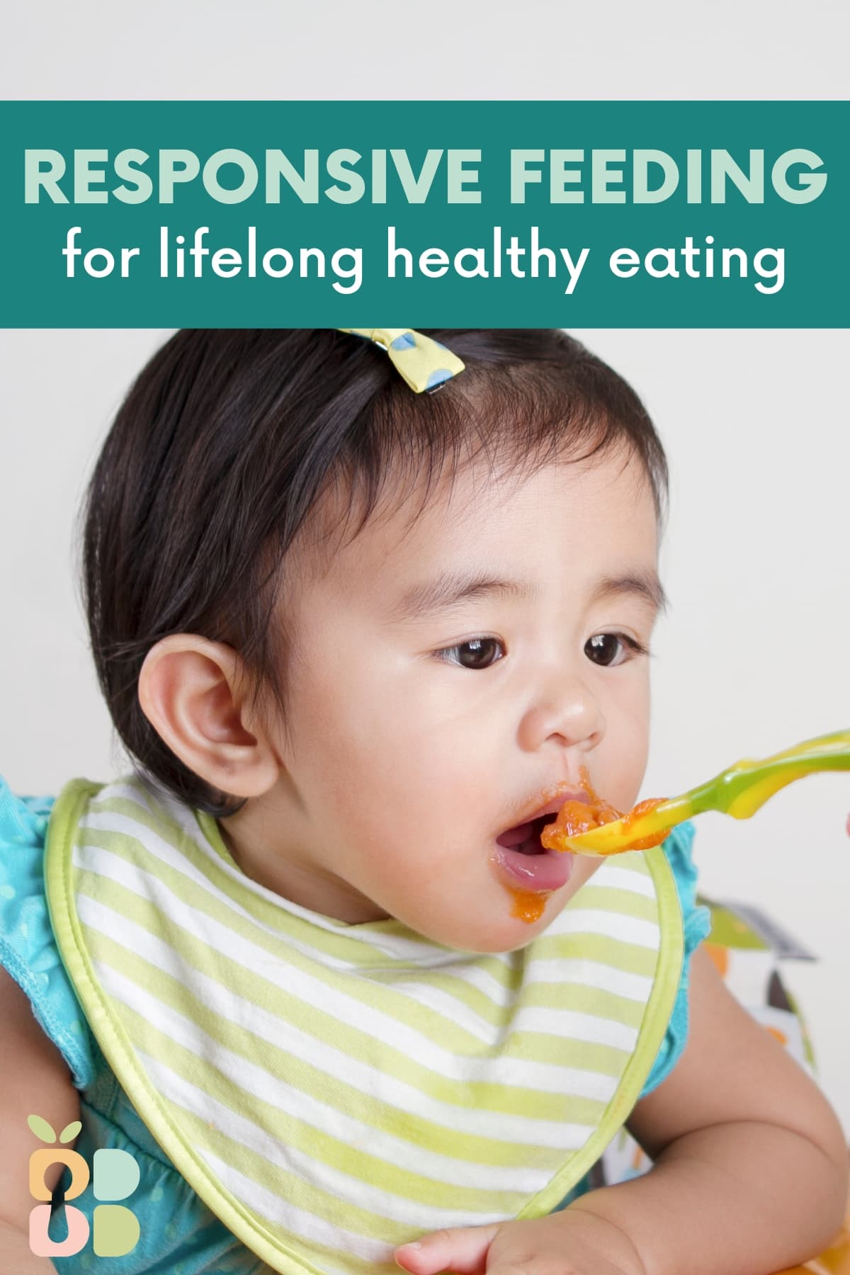 baby leaning toward a spoonful of food with text overlay.