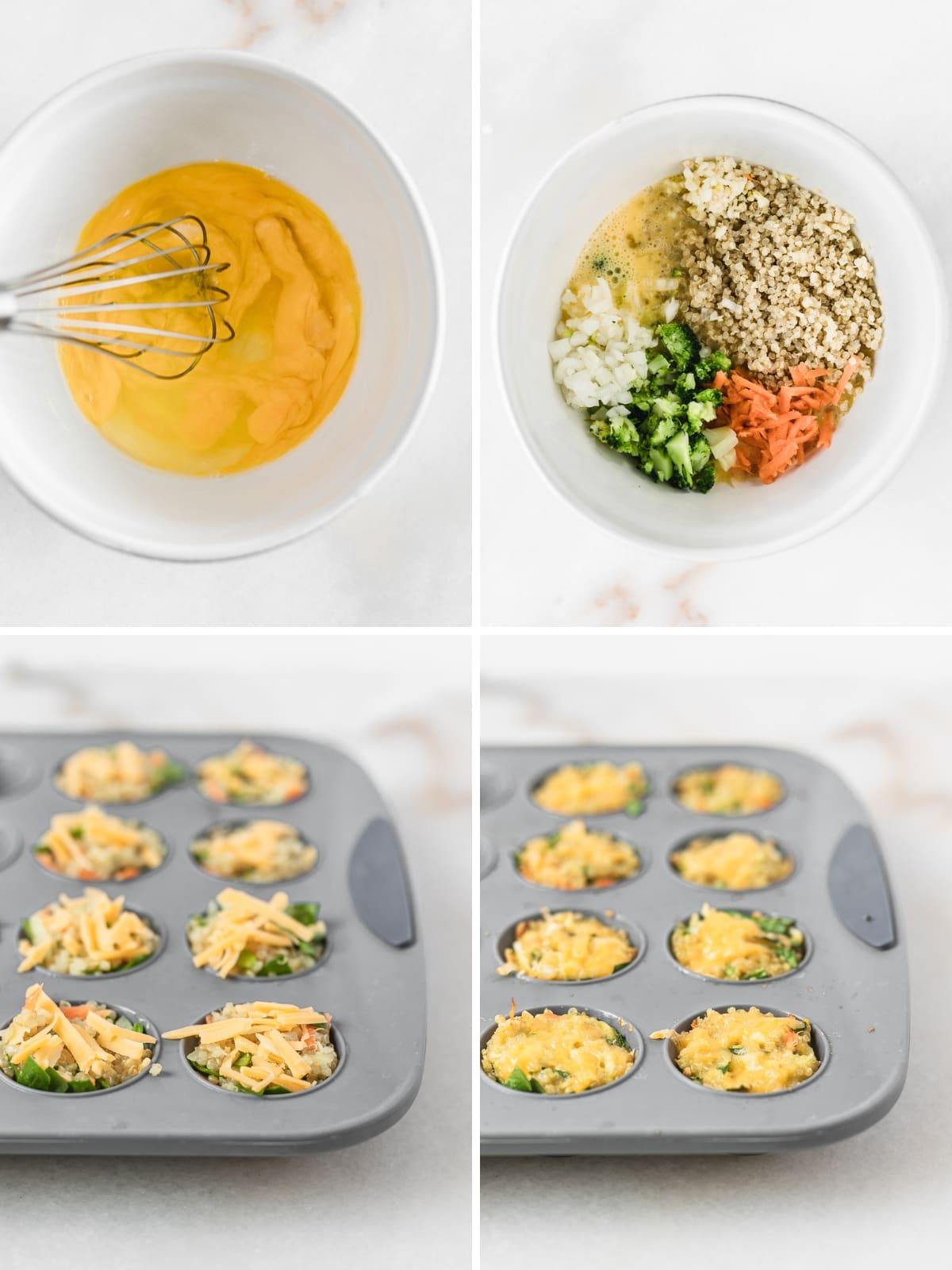 four image collage showing steps for making veggie quinoa egg muffins.