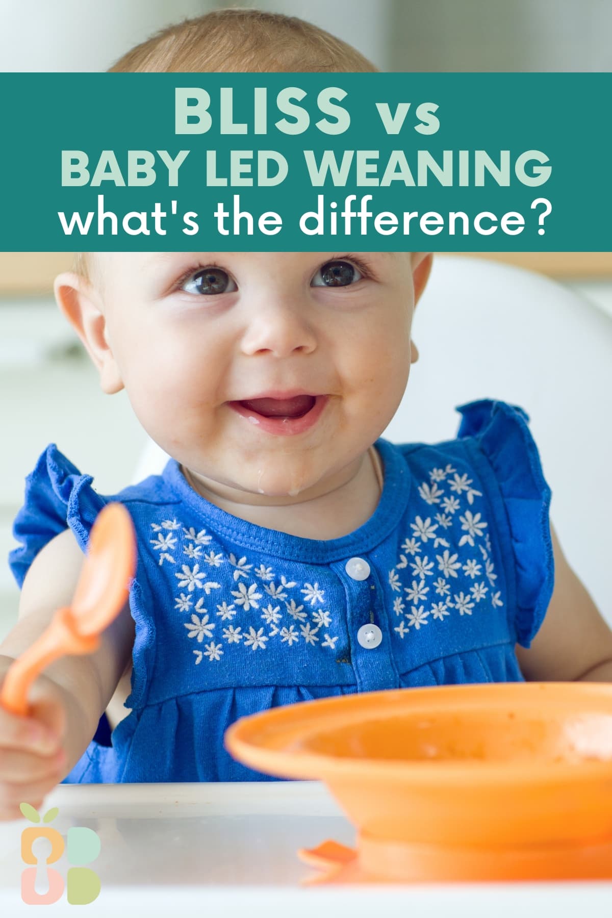 baby in a blue shirt holding a spoon in a high chair with an orange bowl on the tray with text overlay.