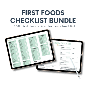 mockups of first foods checklist and allergen checklist on tablets with text overlay.