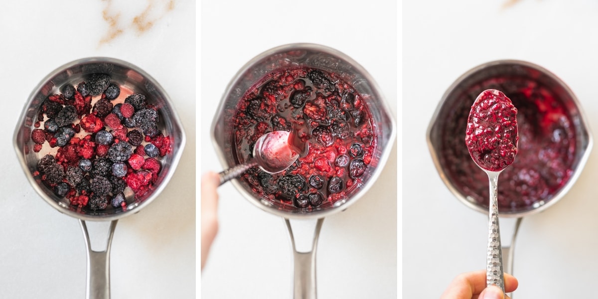 three image collage showing steps for making easy berry compote.