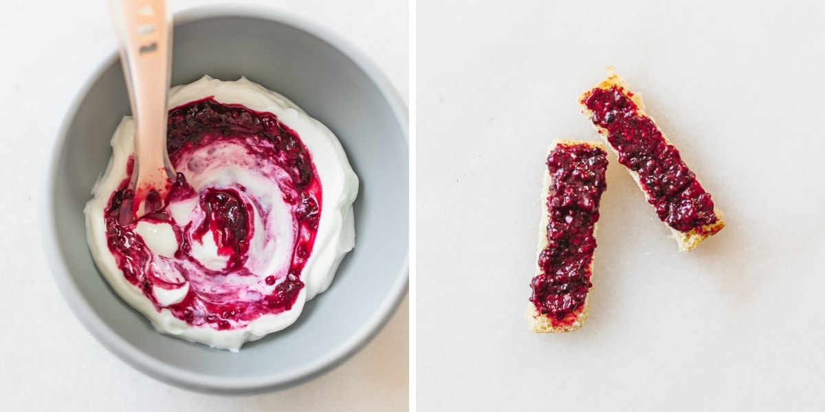 two image collage showing a baby bowl of yogurt with berry compote swirled into it and toast fingers with berry compote spread on top.