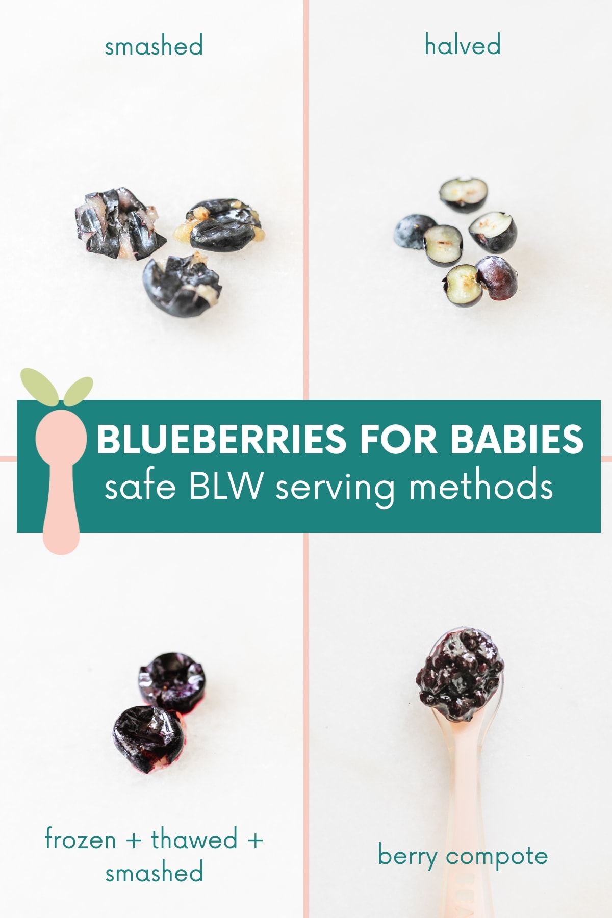 collage of four different ways to serve blueberries to babies with text overlay.