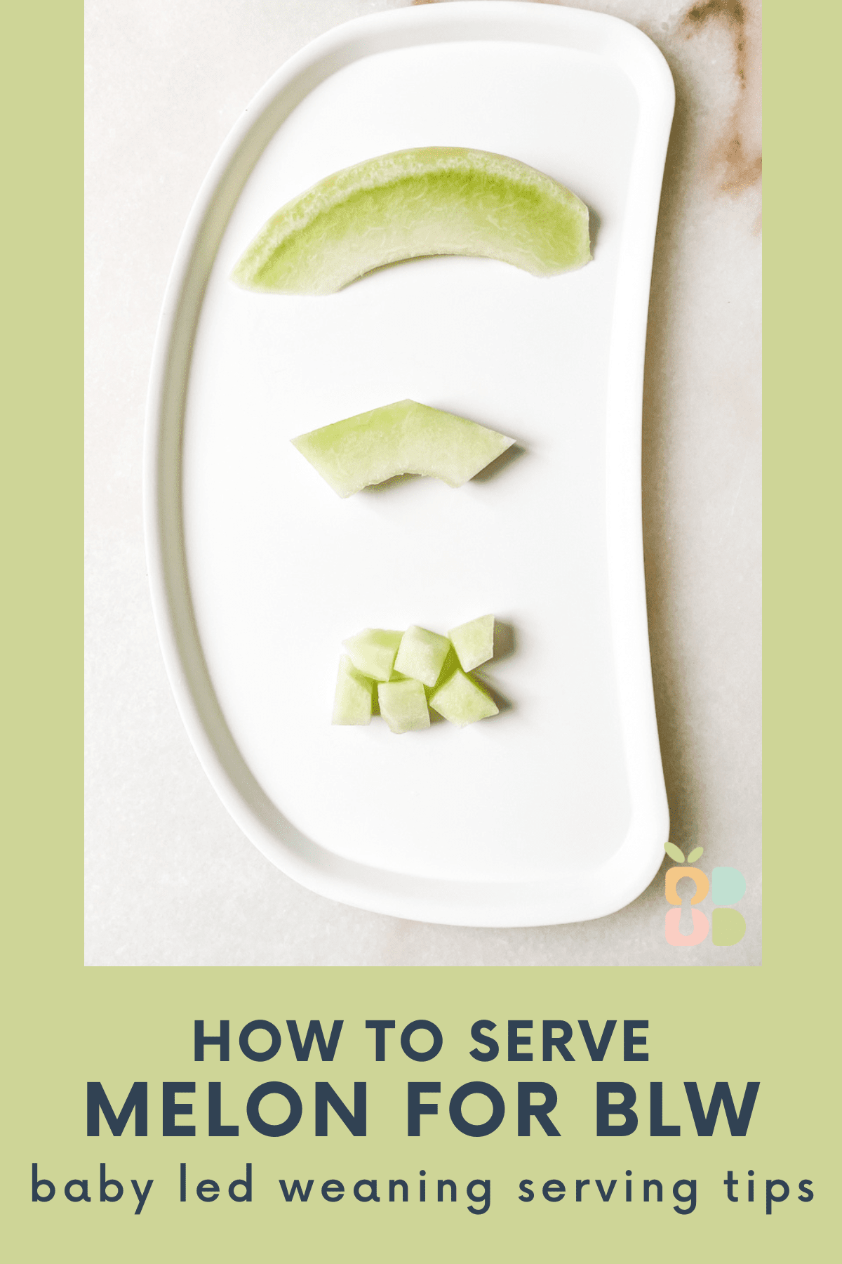 three ways of serving honeydew melon on a white baby tray with text overlay.