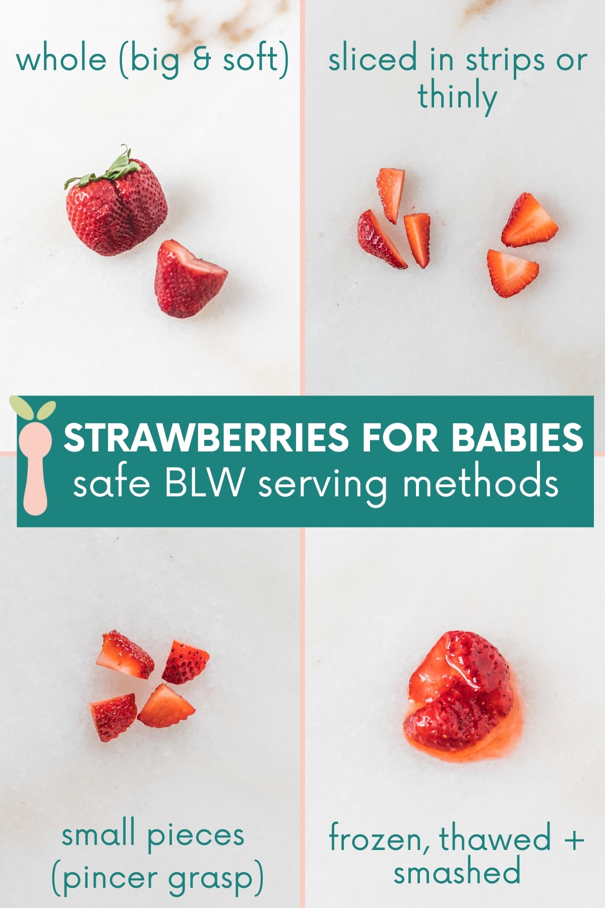 four image collage showing different ways to serve strawberries for baby led weaning with text overlay.
