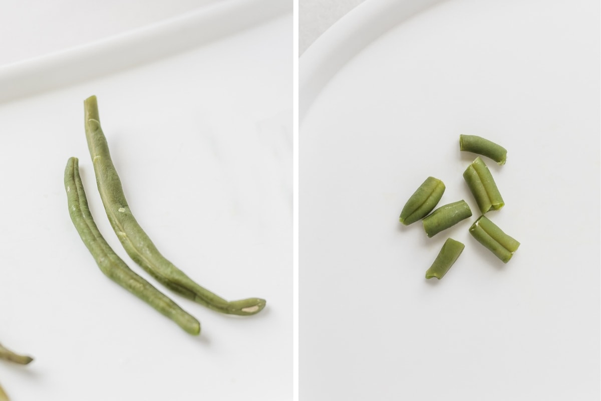 side by side images of two whole steamed green beans and steamed green beans cut into small pieces.