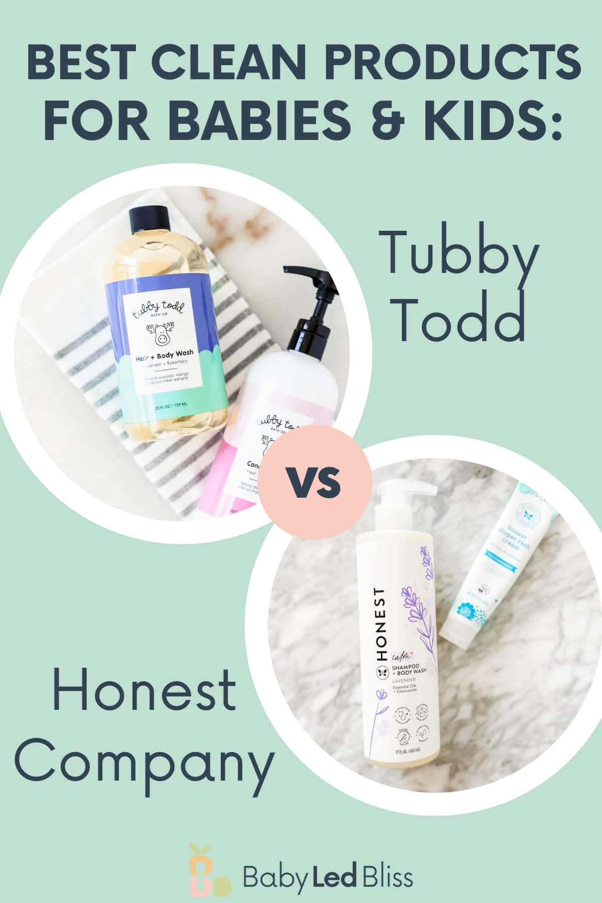 pinterest image of two round images of tubby todd and honest company bath products on a blue background with text overlay.