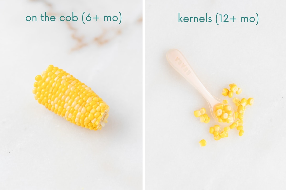two image collage with text overlay showing a half of a corn cob and corn kernels with a baby spoon.