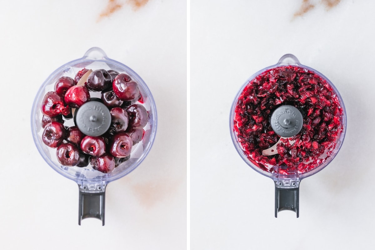two images of whole cherries in a food processor and the cherries after they have been chopped in the food processor.