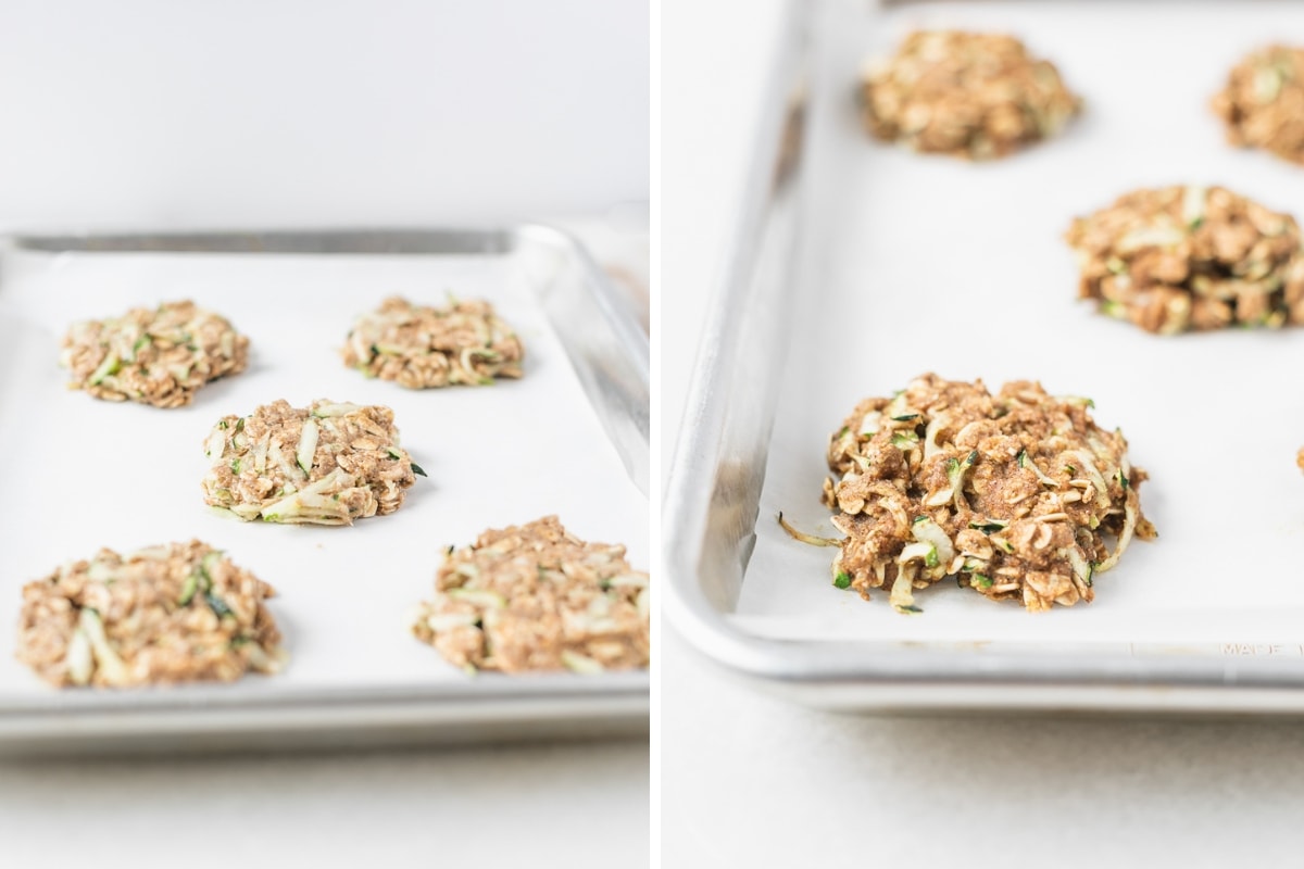 two image collage showing zucchini banana breakfast cookies on a baking sheet before baking and on the baking sheet after baking.