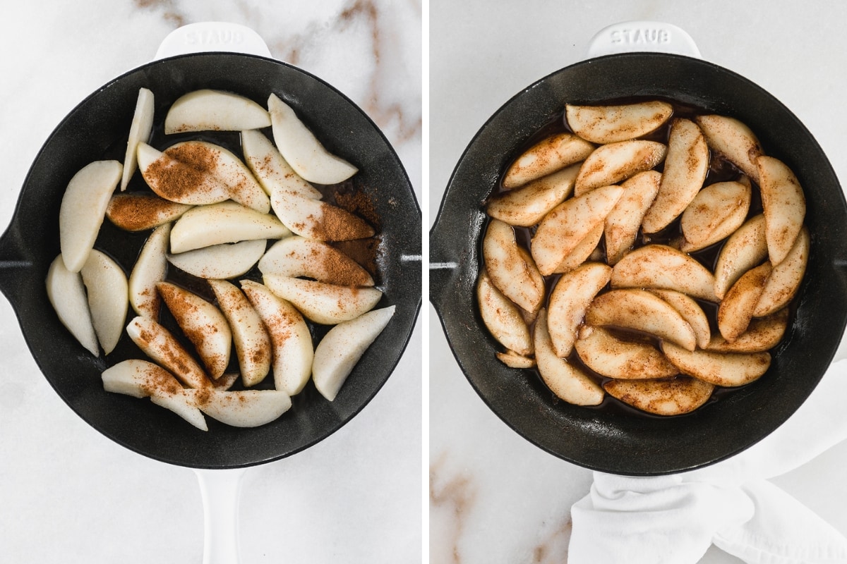 side by side images of pears in a skillet sprinkled with cinnamon, and cooked cinnamon pears in a skillet.
