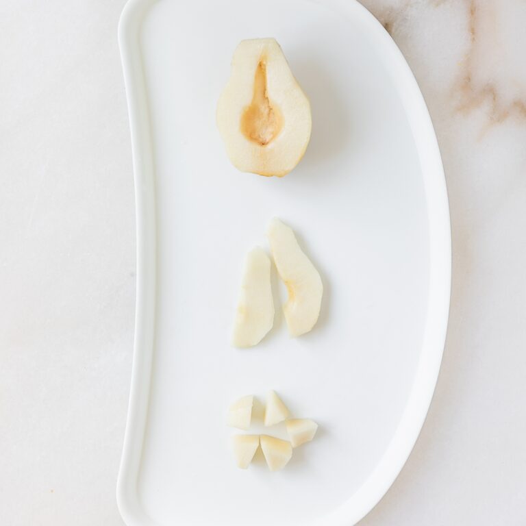 baby tray with three ways of serving pears for baby led weaning.