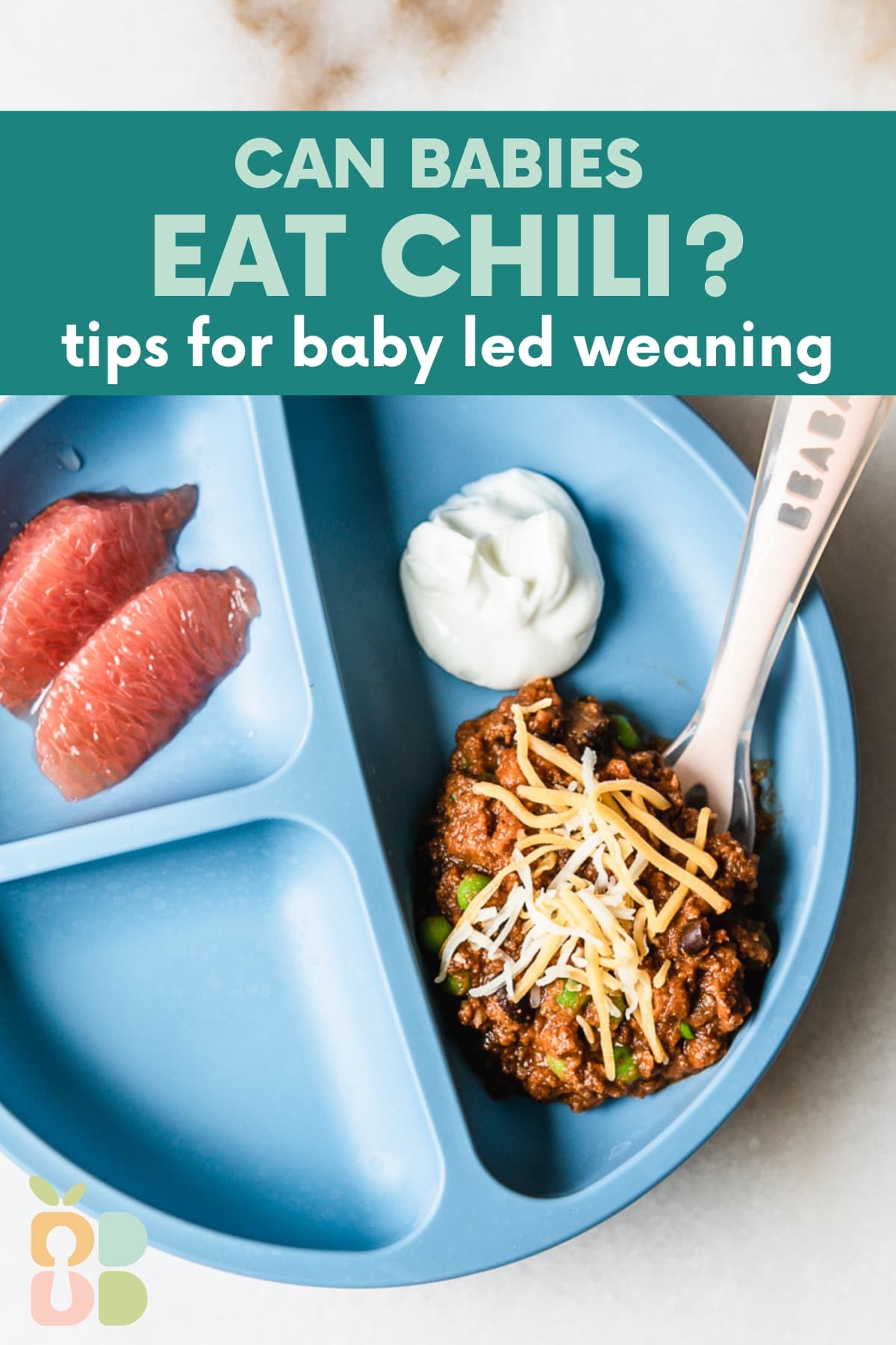 blue baby plate with chili, yogurt and grapefruit with text overlay.