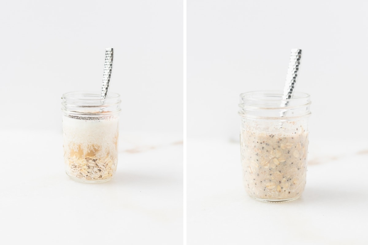 side by side images of ingredients for applesauce overnight oats in a jar and the oats mixed together in a jar.