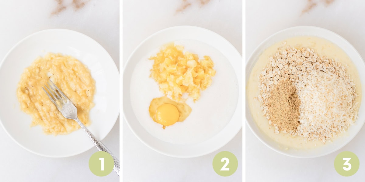 three image collage showing steps for making no sugar tropical baked oatmeal for babies.
