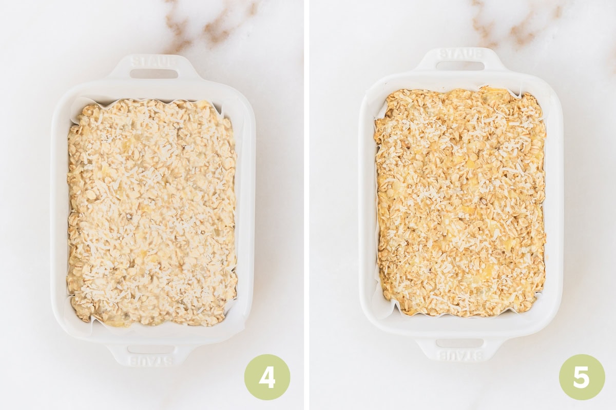 two image collage showing tropical baked oatmeal batter in a baking dish and the baked oatmeal in the dish.