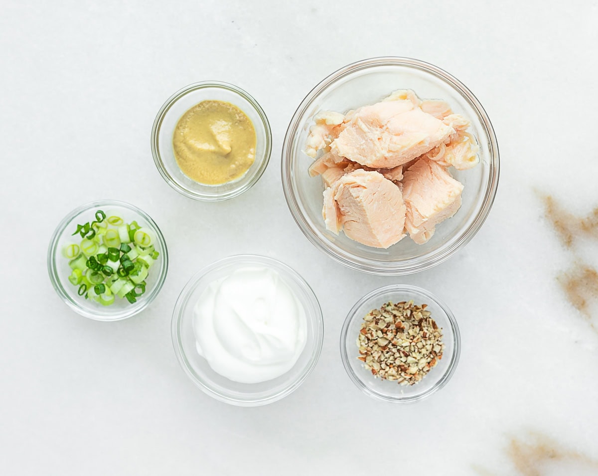 overhead view of ingredients needed to make baby chicken salad with canned chicken.