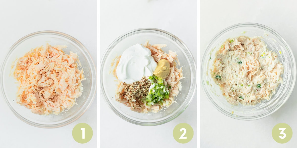 three image collage showing steps for making baby chicken salad.