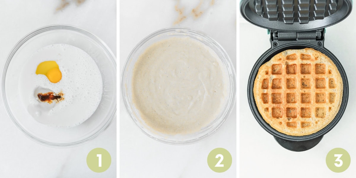 three image collage showing steps for making whole wheat waffles for baby and toddler.