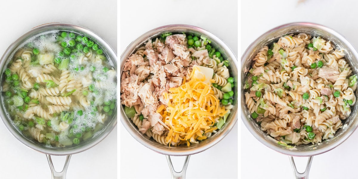 three image collage showing steps for making one pot tuna mac and cheese with broccoli and peas.