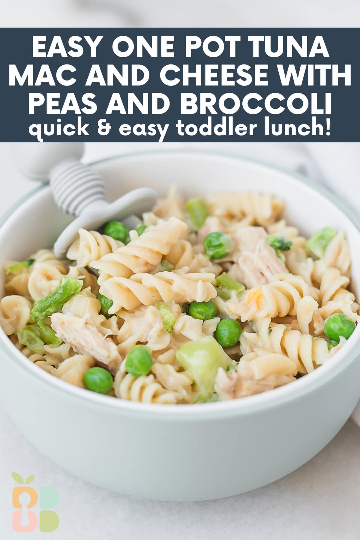 tuna mac and cheese with broccoli and peas in a bowl with text overlay.