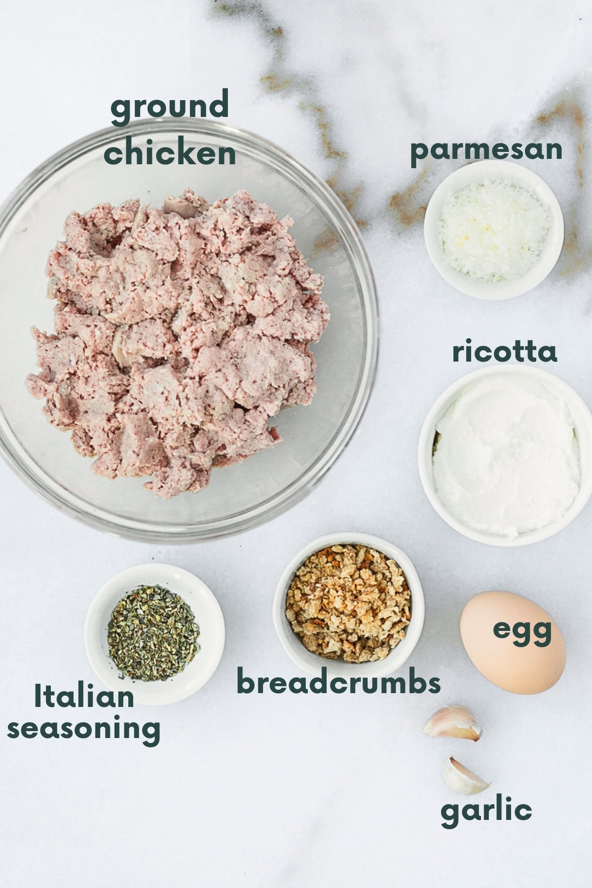 ingredients needed to make baby chicken ricotta meatballs with text overlay.
