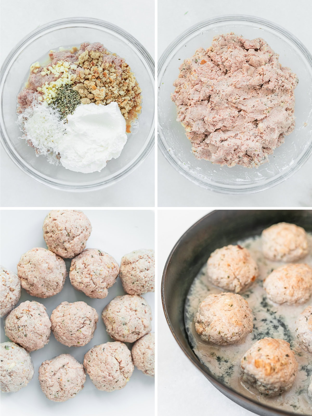 four image collage showing steps for making baby chicken ricotta meatballs.