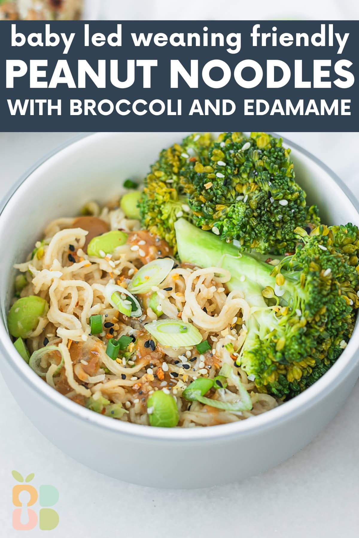 bowl of peanut noodles with broccoli and edamame in a baby bowl with text overlay.