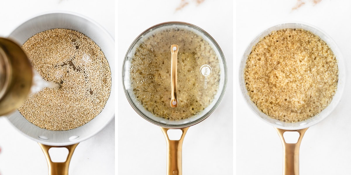 three image collage showing steps for cooking quinoa.