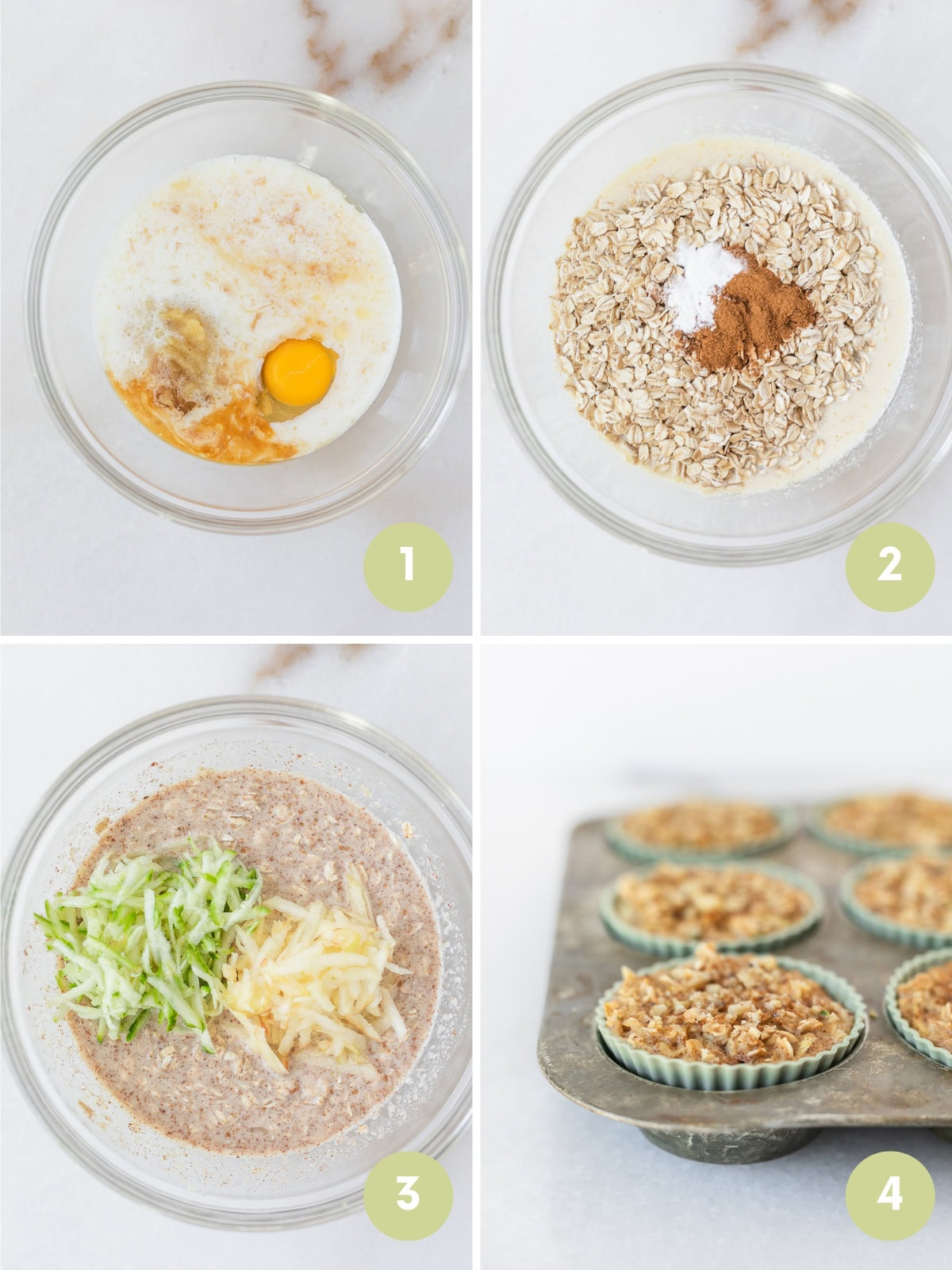 four image collage showing steps for making zucchini apple baked oatmeal muffins for baby.