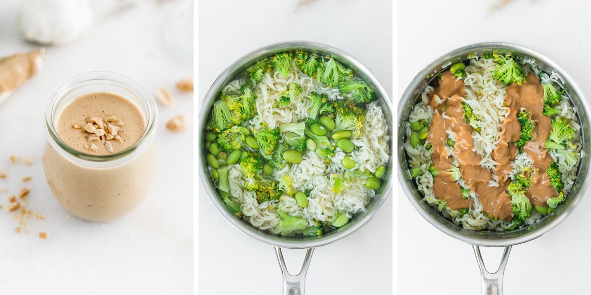 three image collage showing steps for making baby friendly peanut noodles with broccoli and edamame.