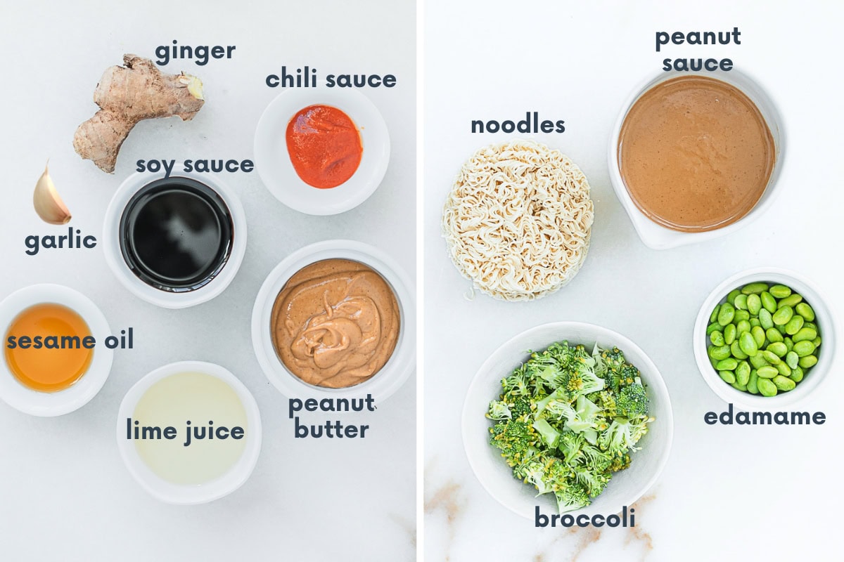 two image collage showing ingredients needed for peanut sauce and for baby friendly peanut noodles with text overlay.
