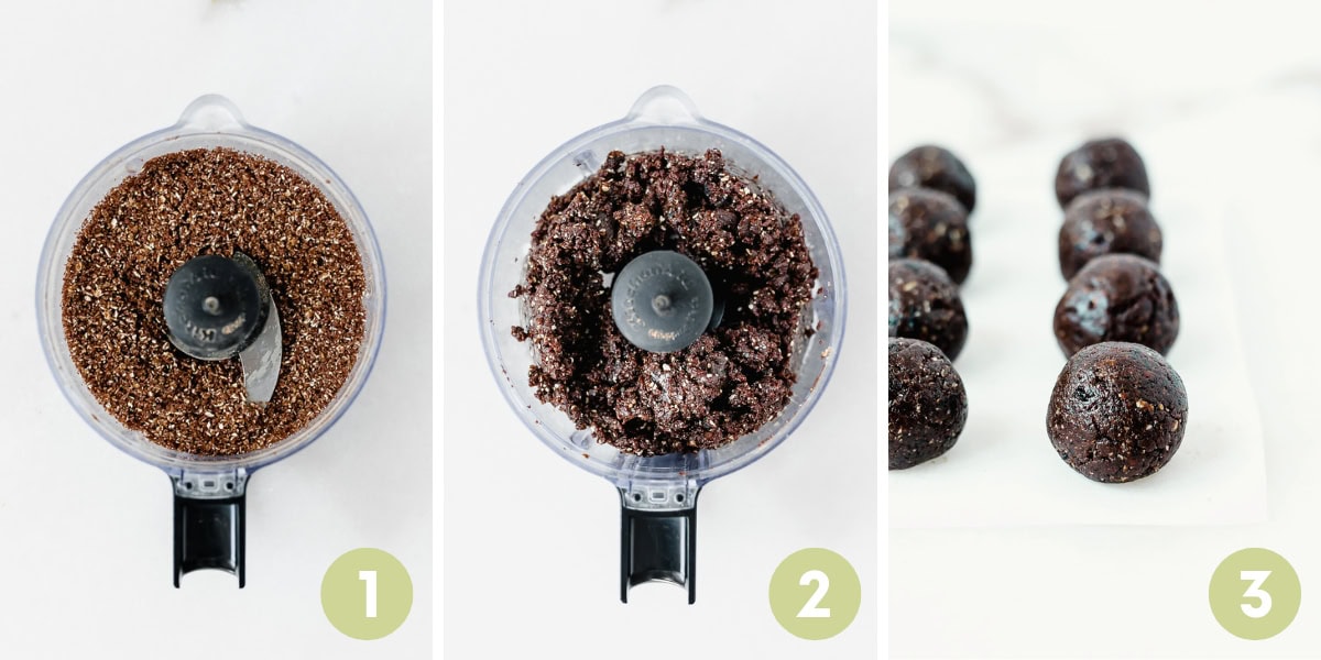 three image collage showing steps for making no bake prune brownie balls in a food processor.