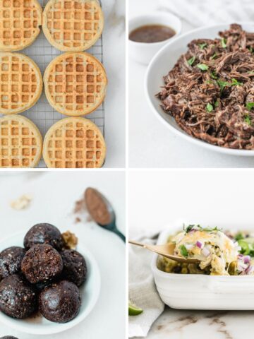 collage of 4 meals and snacks to freeze for postpartum.