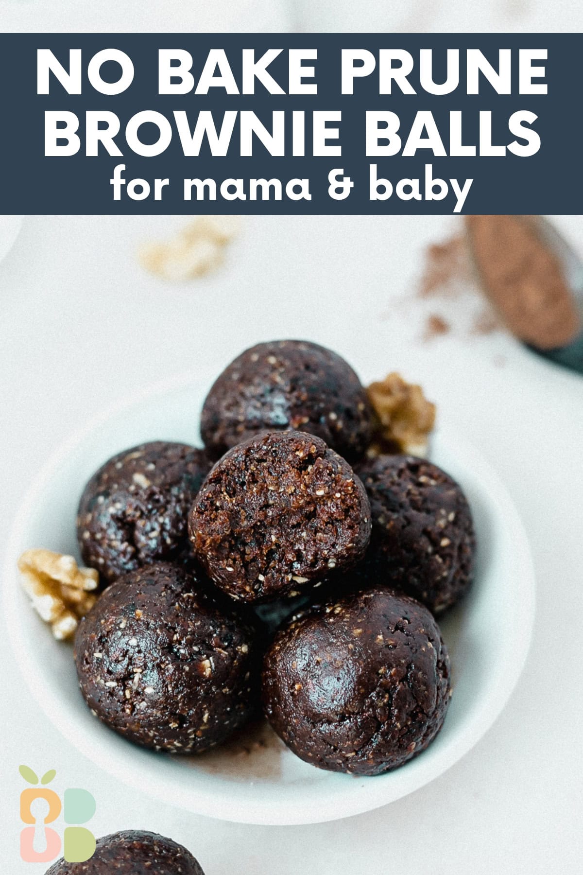 no bake prune brownie bites in a small bowl with a bite taken from the top one with text overlay.