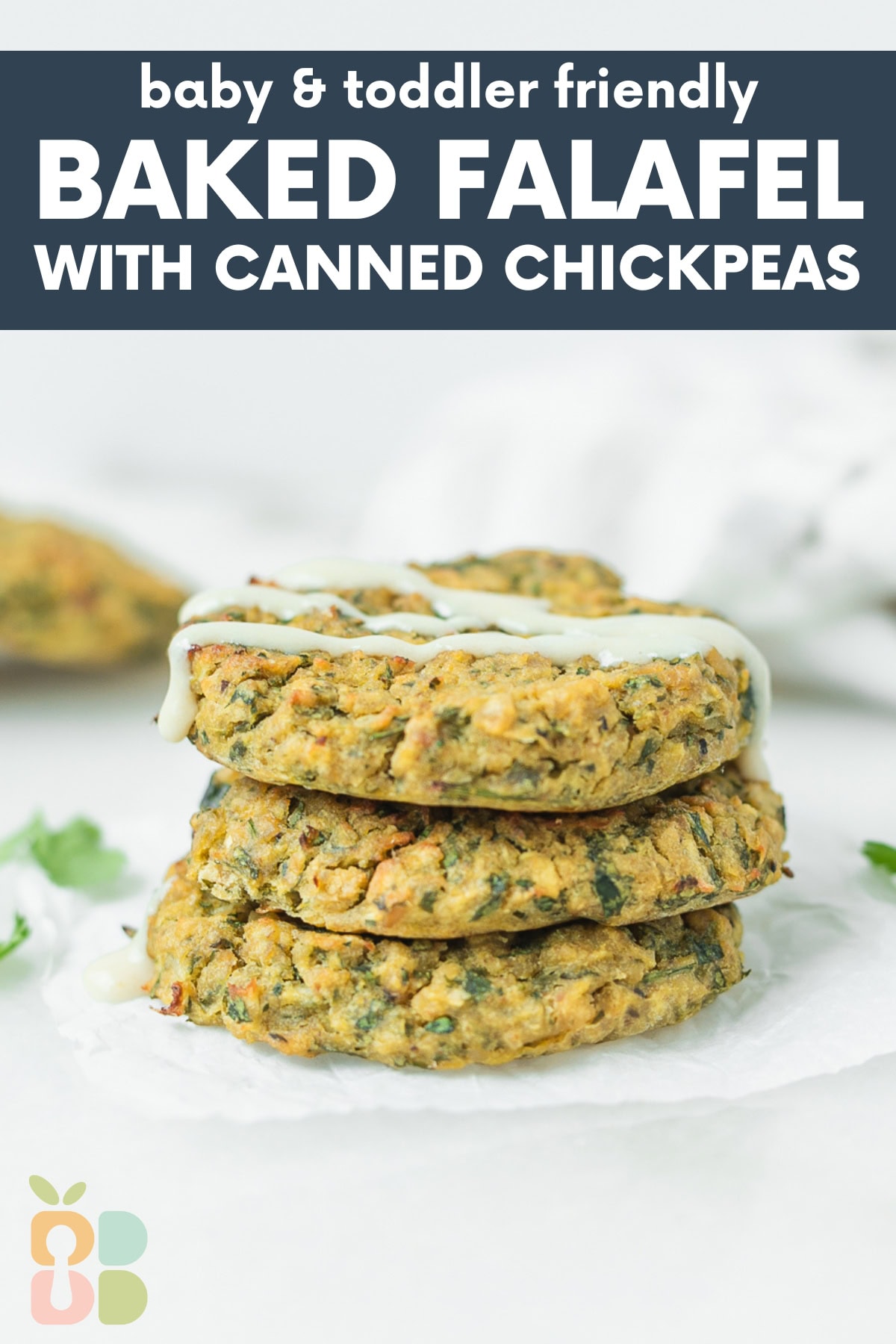 three stacked baked falafel drizzled with tahini sauce with text overlay.