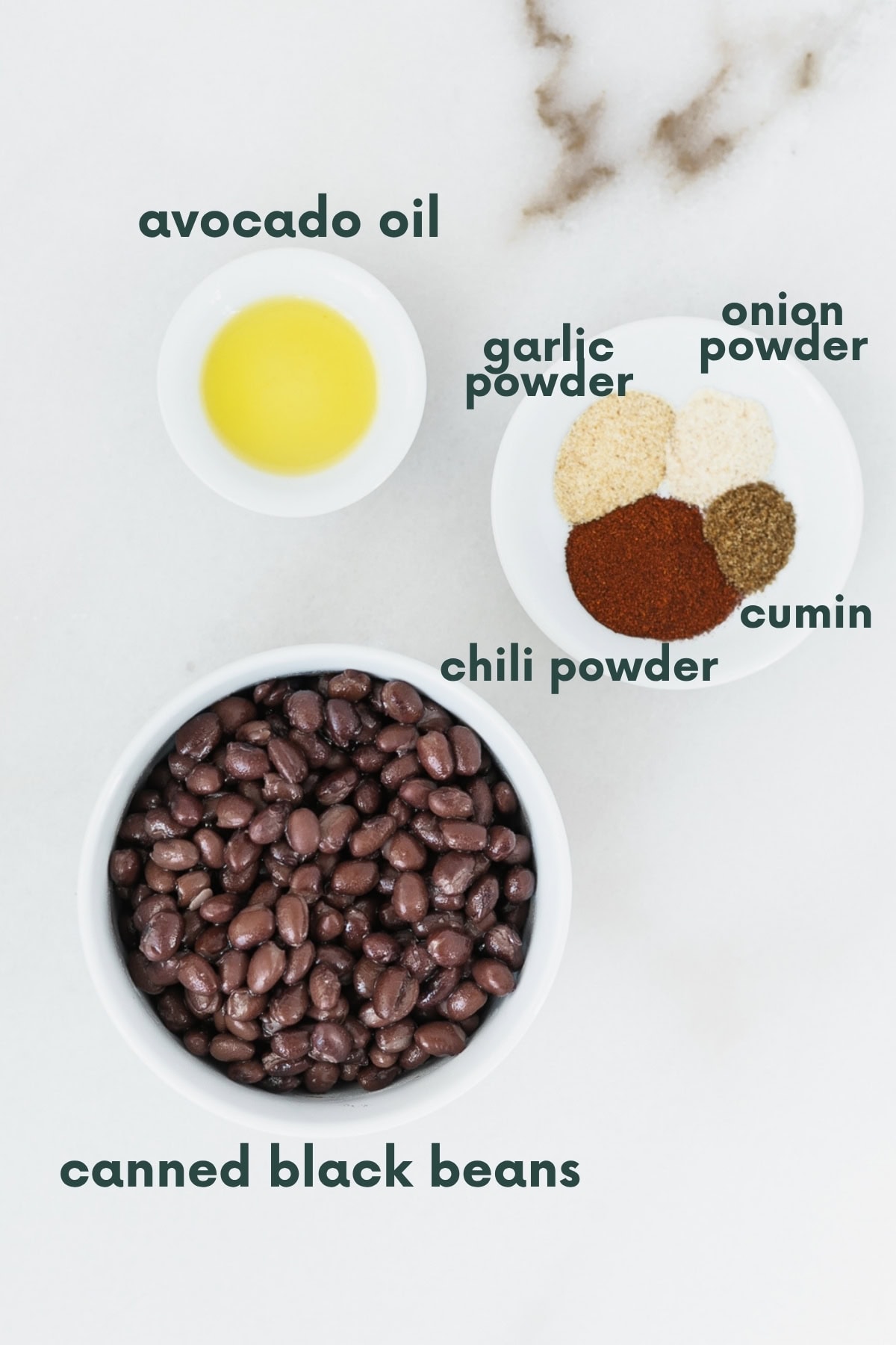 overhead view of ingredients needed for easy refried black beans with text overlay.