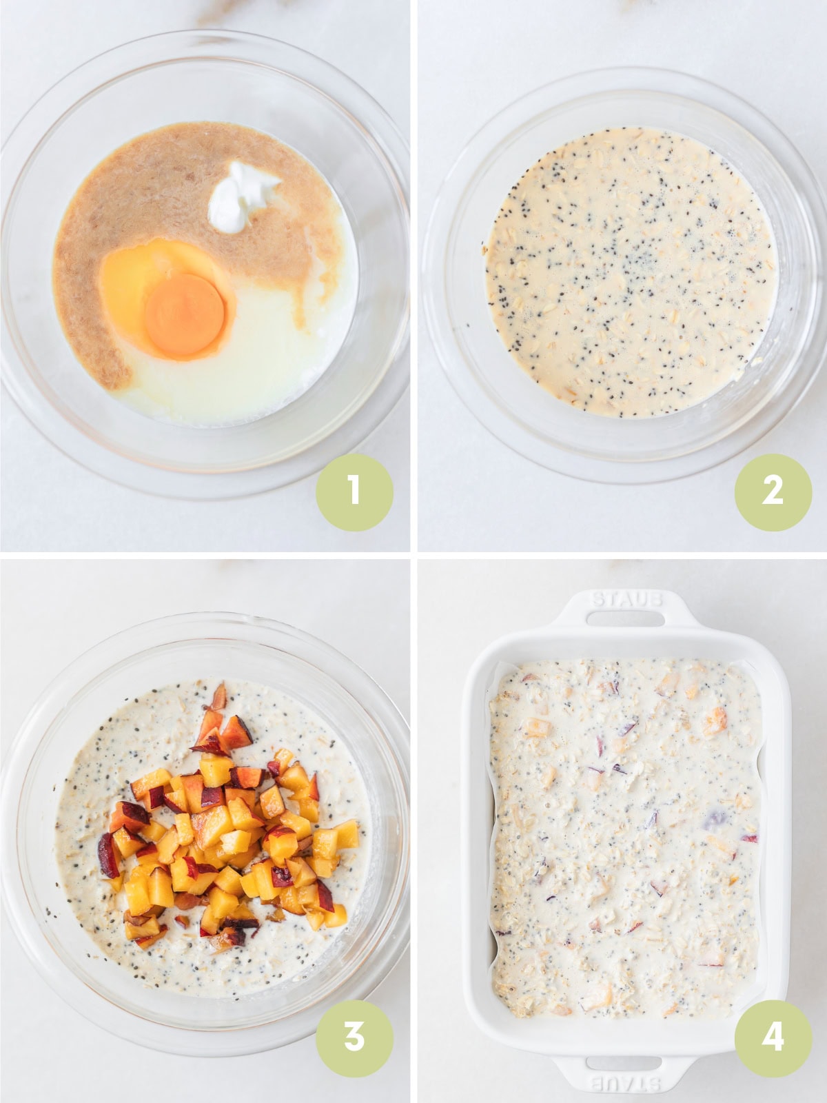 4 image collage showing steps for making peaches and cream baked oatmeal for baby.