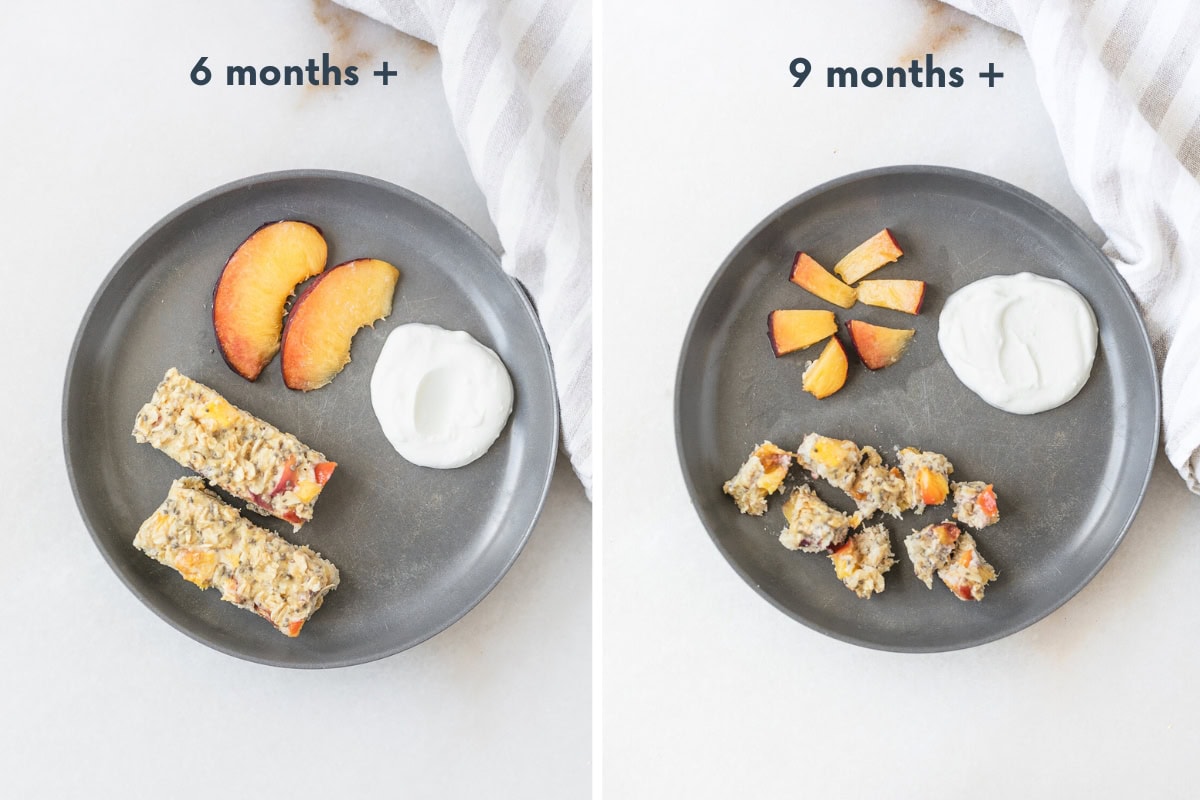 two images of baby plates with peach baked oatmeal, peaches, and yogurt for babies 6 months old and 9 months old.