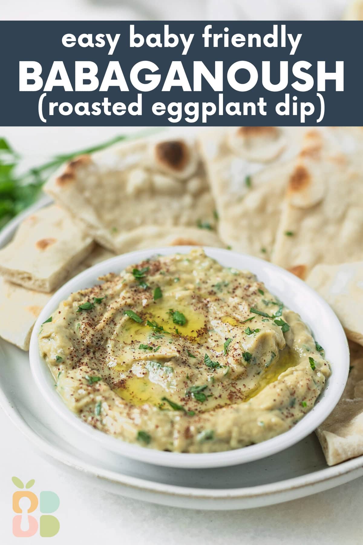 small bowl of babaganoush surrounded by pita wedges on a plate with text overlay.
