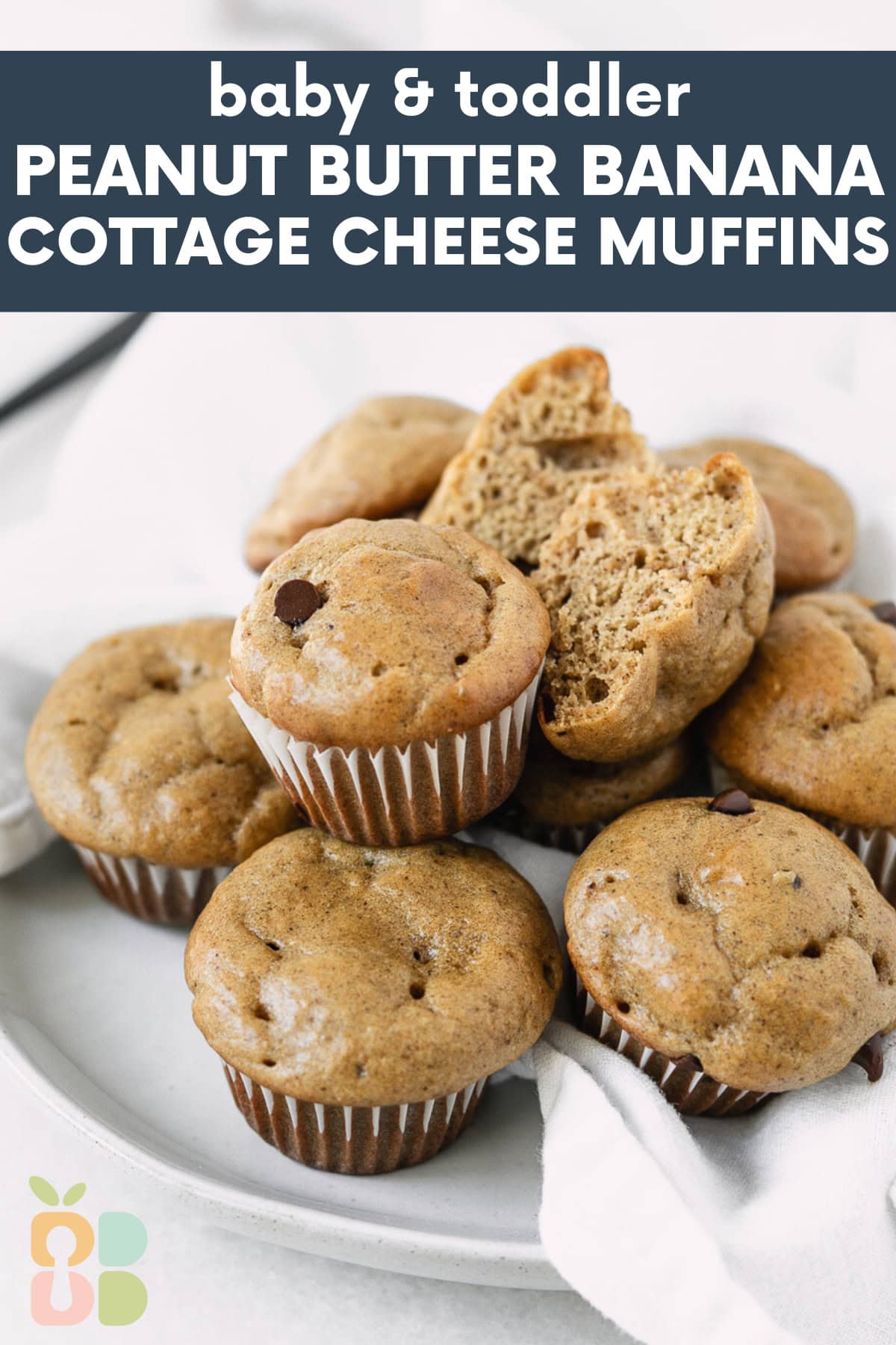 mini banana peanut butter protein muffins piled on a small plate with text overlay.