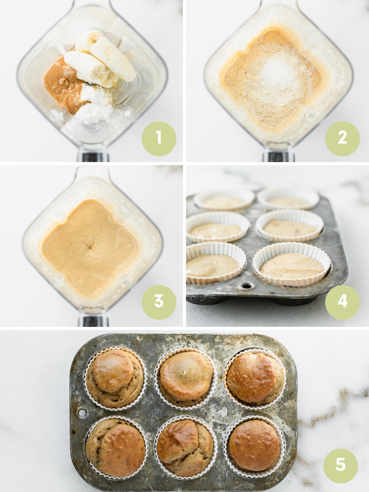 5 image collage showing steps for making peanut butter banana protein muffins in a blender.