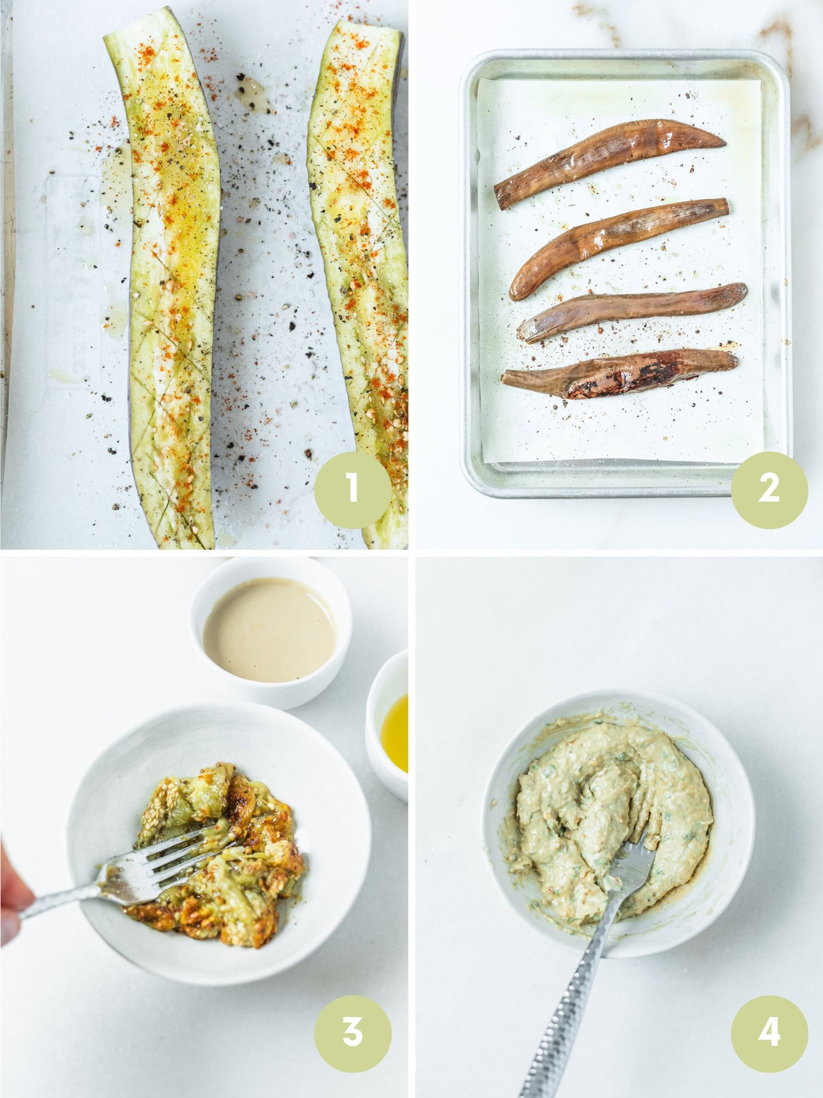 four image collage showing steps for making roasted eggplant dip for baby.